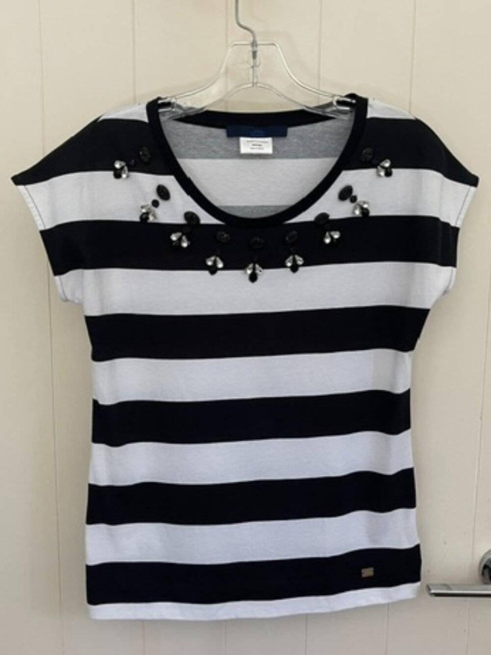 Blue Les Copains naby Striped Cotton Top with Crystal & Beads
